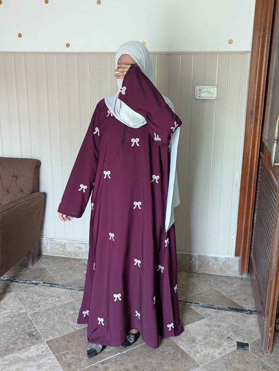 Embroidered Maxi Bow Abaya