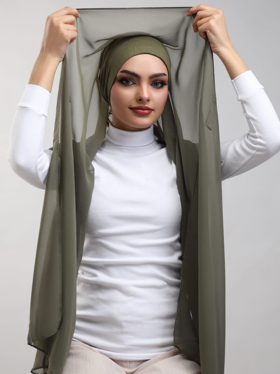 Instant Georgette Hijab With Built-in Magnets Olive Green
