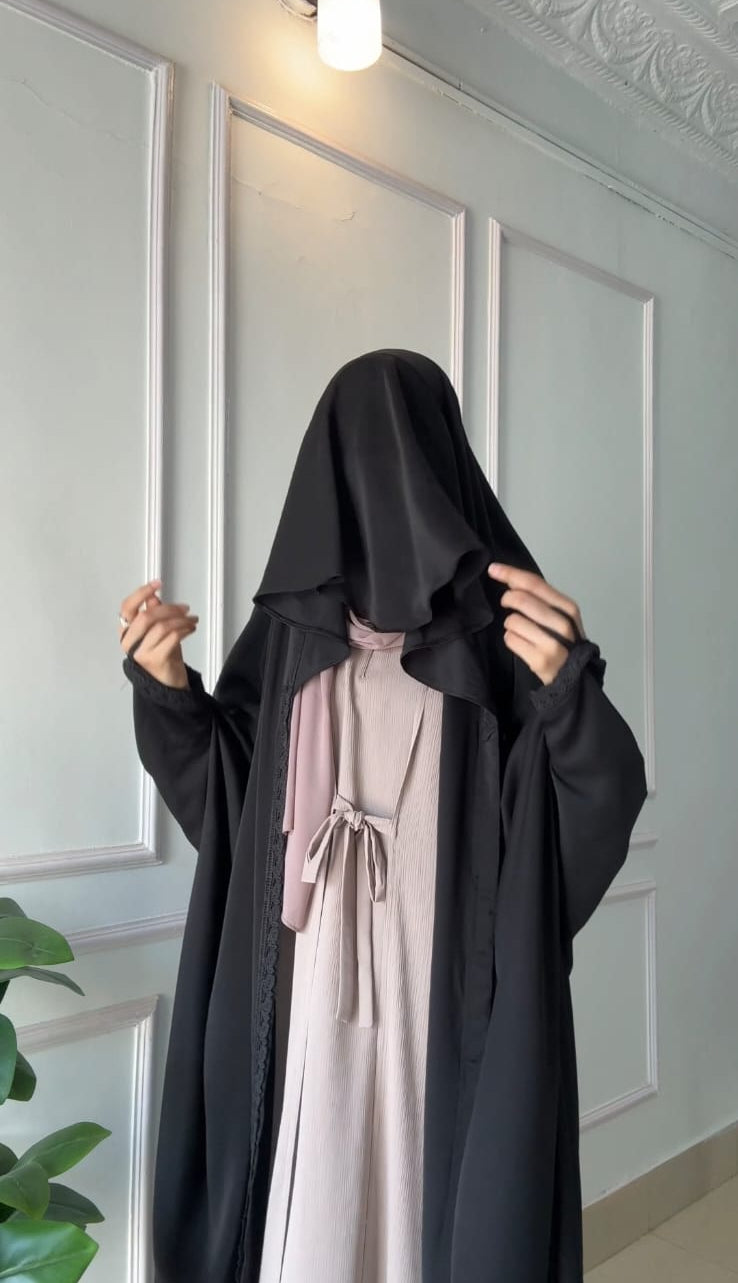 Front Open Iraqi Abaya With Lace & Face Cover