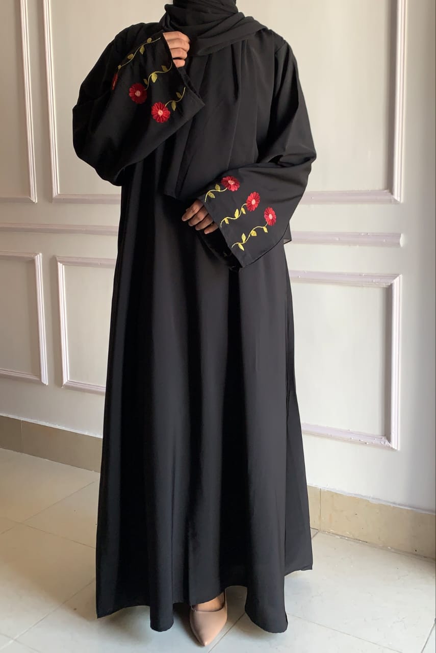 Sleeves Embroidered Abaya Rose