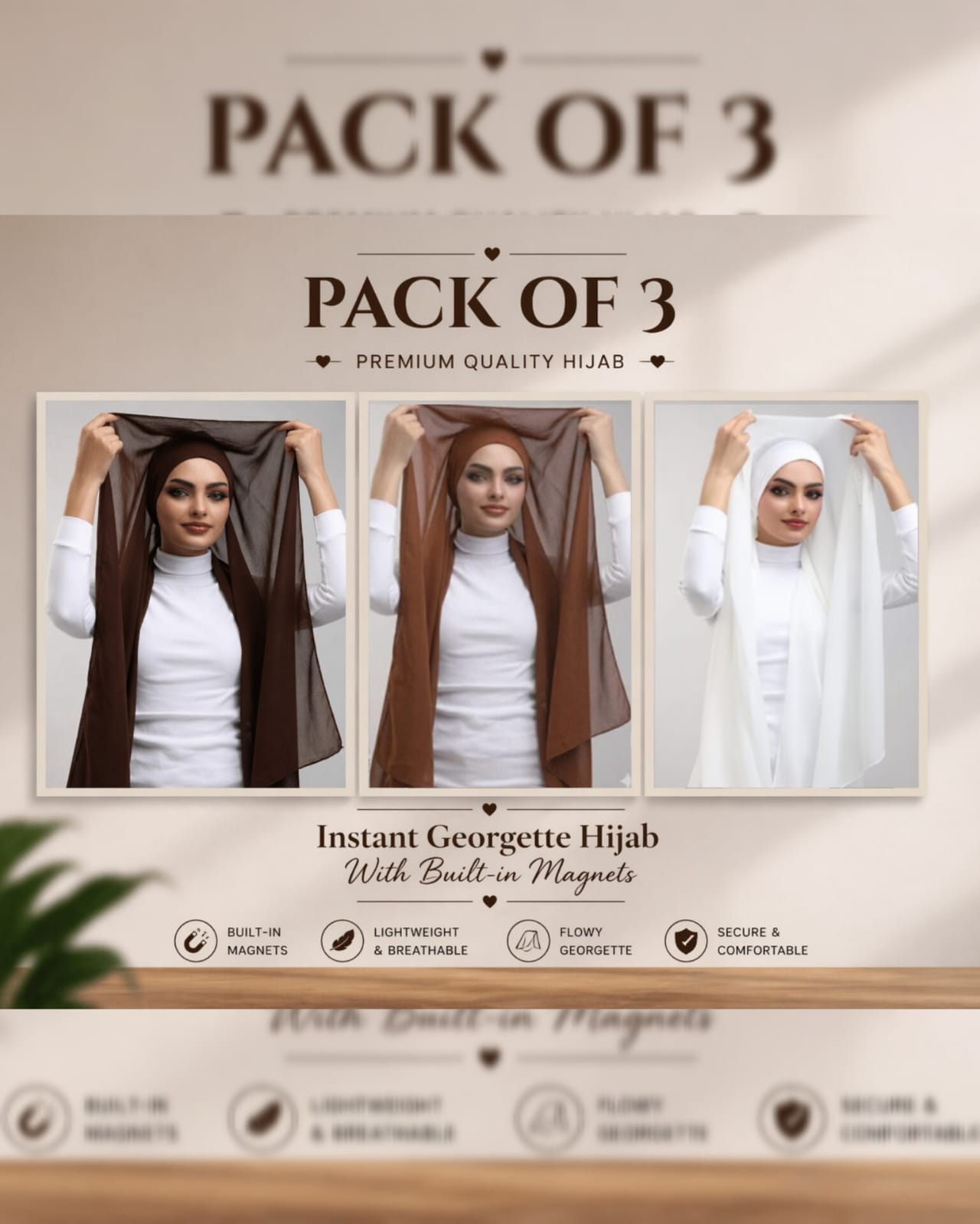 Instant Georgette Hijab with Built-in Magnets — Pack of 3