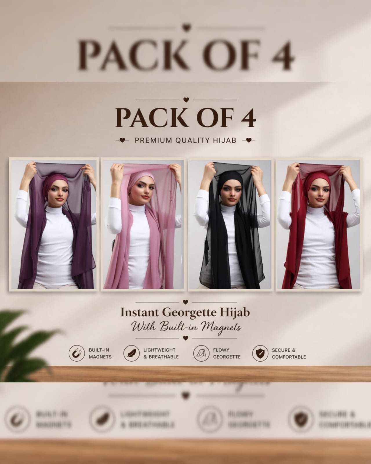 Instant Georgette Hijab with Built-in Magnets — Pack of 4