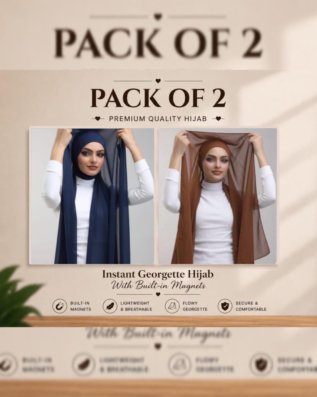 Instant Georgette Hijab with Built-in Magnets — Pack of 2