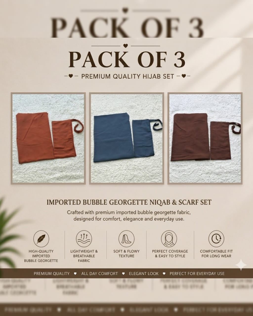 Imported Bubble Georgette Niqab & Scarf Set Pack Of  3