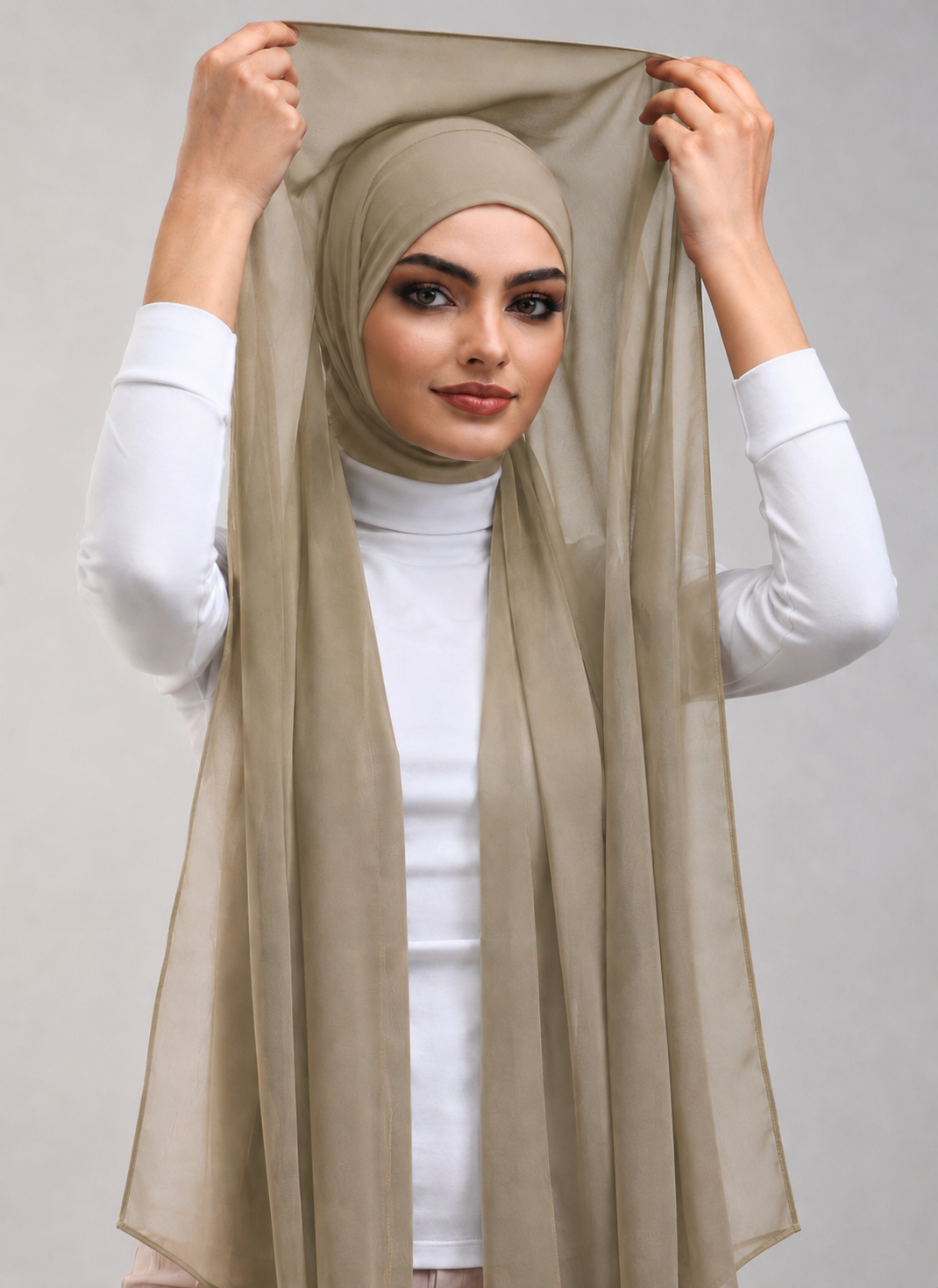 Instant Georgette Hijab With Built-in Magnets Taupe Beige